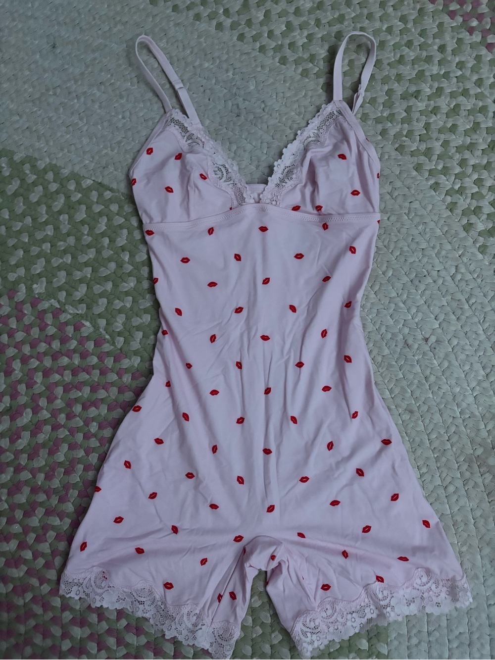 Women’s Pink Lace-Trim Romper with Red Lip Print